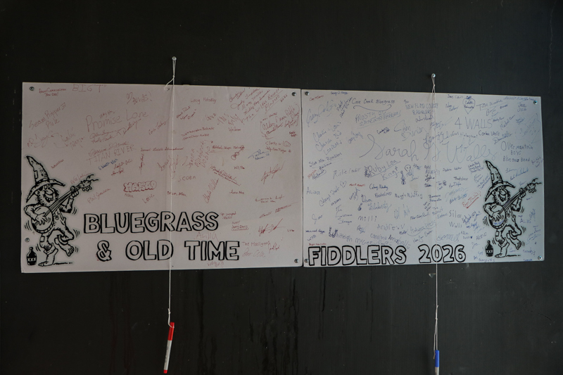 Signature boards backstage at the 2026 Mount Airy Fiddlers' Convention - photo © G. Nicholas Hancock