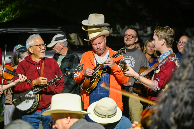 Tom Kingsley (mandolin), Paul Sato (banjo), John Gooding (guitar) Hot Dog Stand at the 2026 CBA Father's Day Bluegrass Festival - photo © Alan M Bond