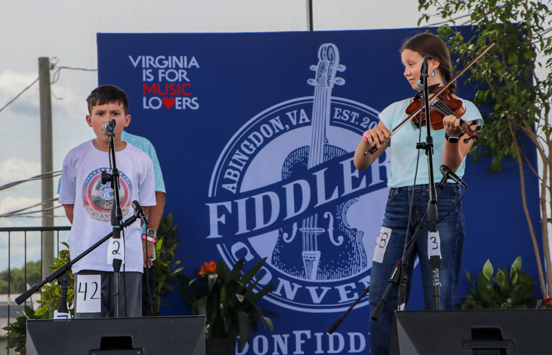 Carrson Blankenship and Hollace Oakes perform the National Anthem  at the 2026 Abingdon Fiddlers' Convention - photo © G. Nicholas Hancock