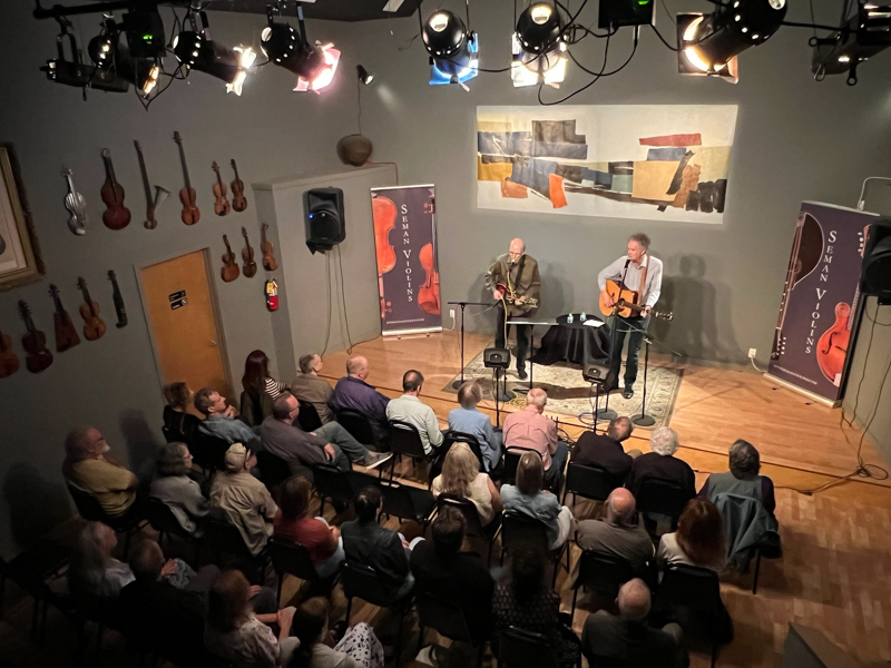 Don Stiernberg and Chris Jones in concert at Seman Violins, Skokie, IL, June 19, 2026 - photo © Elizabeth Loring