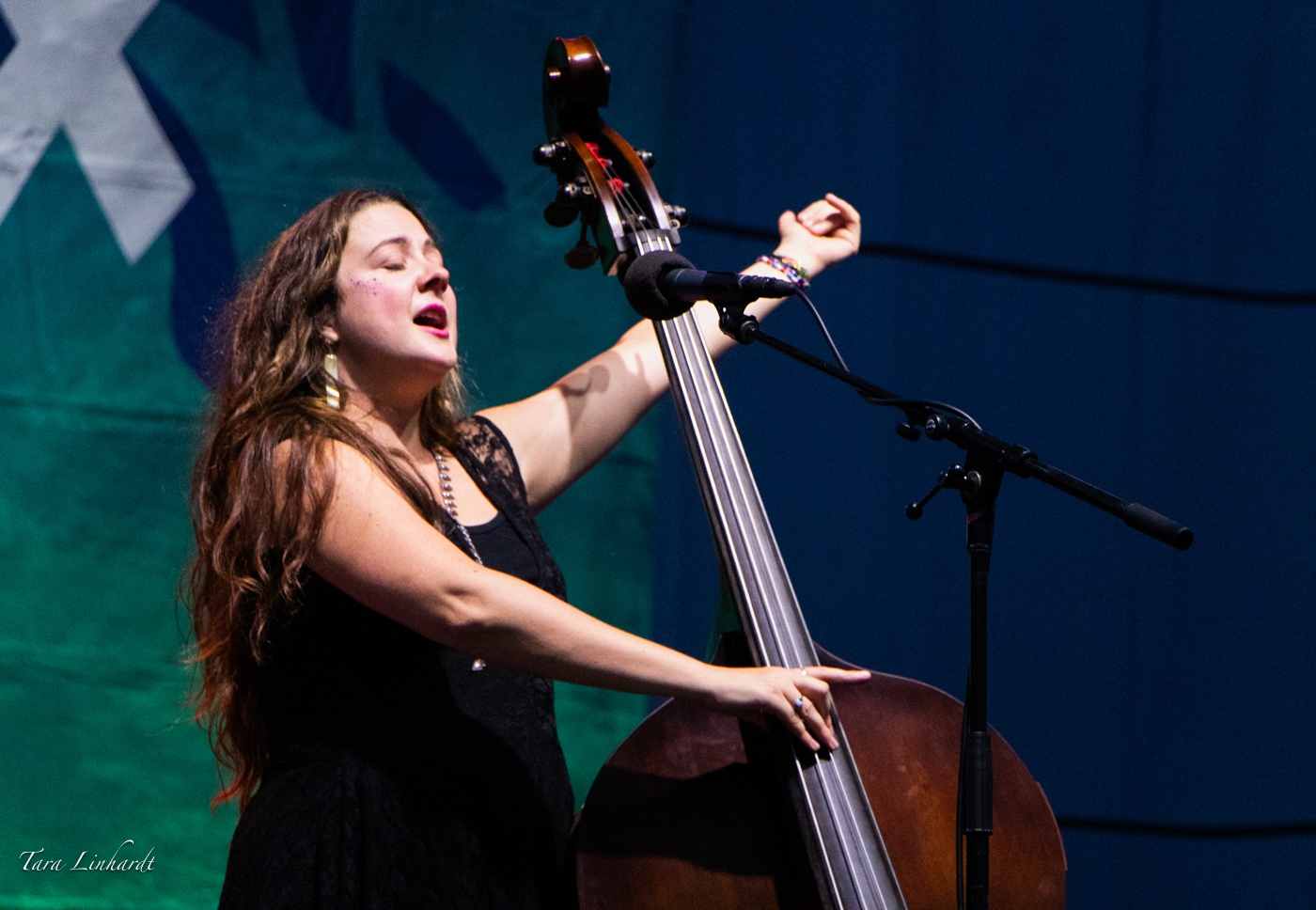Vickie Vaughn with Della Mae at the 2026 Grey Fox Bluegrass Festival - photo © Tara Linhardt