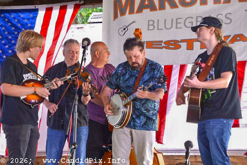 Gavin Conley, Gil Benson, Stan Bush, Dana Cupp, Tony Zapolnik at the 2026 Marshall Bluegrass Festival - photo © Bill Warren