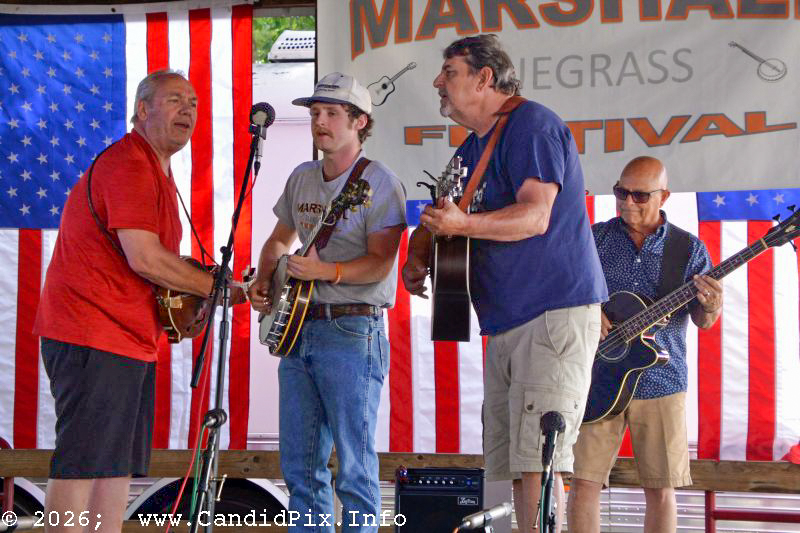 Lynn Fox, Riley Gilbreath, and Randy Cole at the 2026 Marshall Bluegrass Festival - photo © Bill Warren