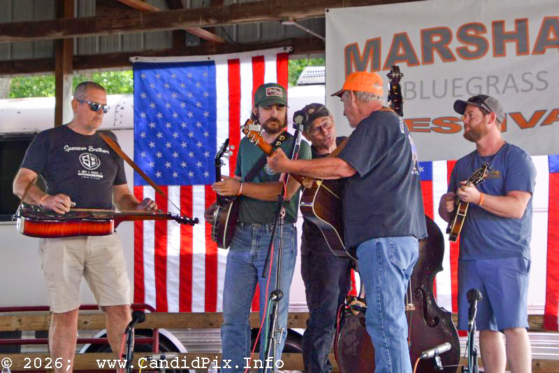 Mike Shouse, Bryan Hollifield, David Sawyer, Jim Fox, and Johnathon Dillon at the 2026 Marshall Bluegrass Festival - photo © Bill Warren