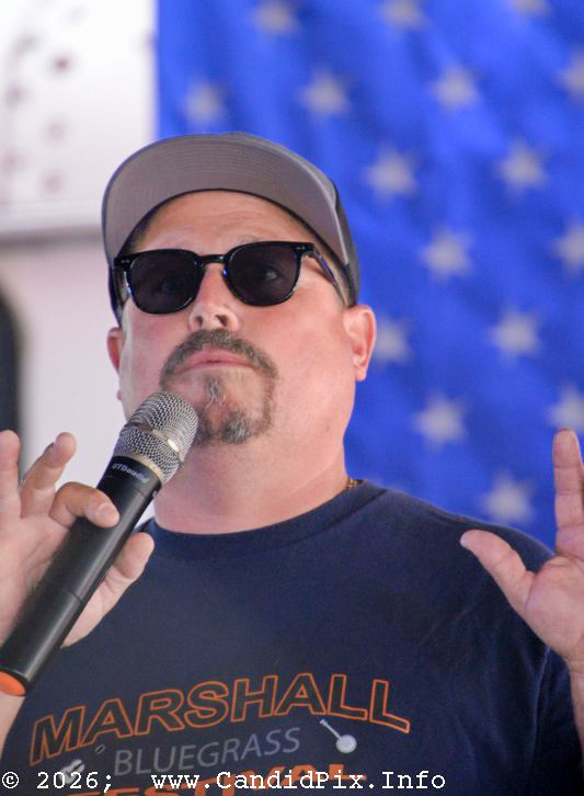 Promoter Jeremie Cole in the band scramble at the 2026 Marshall Bluegrass Festival - photo © Bill Warren