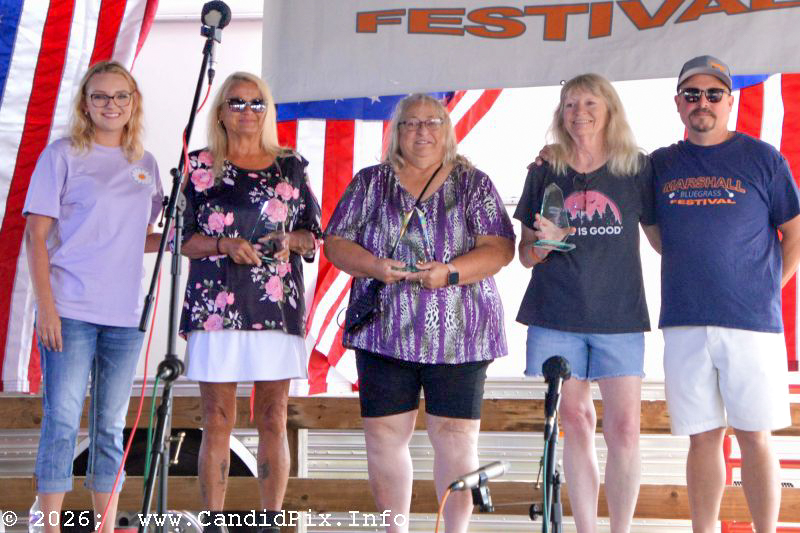 Alexus Ross, The Gate Girls, and Jeremie Cole at the 2026 Marshall Bluegrass Festival - photo © Bill Warren