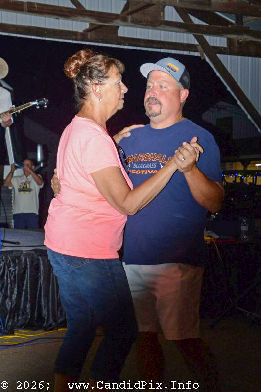 Jeremie Cole dancing to The Marshall All-Star Band at the 2026 Marshall Bluegrass Festival - photo © Bill Warren