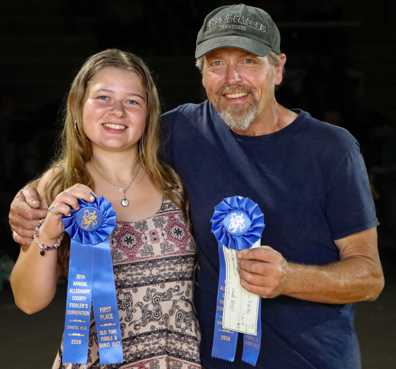 Ella Grim and Brian Grim, 1st Place Old-time Fiddle & Banjo Duet at the 2026 Alleghany County Fiddlers' Convention - photo © G. Nicholas Hancock