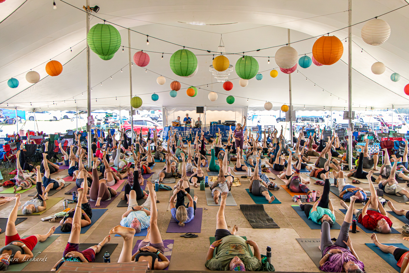 Morning yoga with Lucy Weberling at the 2026 Grey Fox Bluegrass Festival - photo © Tara Linhardt