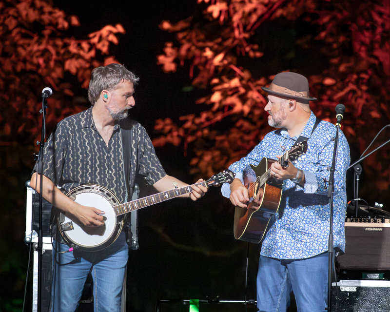 Wes Corbett and Stephen Mougin with the Sam Bush Band at RockyGrass 2026 - photo © Tom Dunning