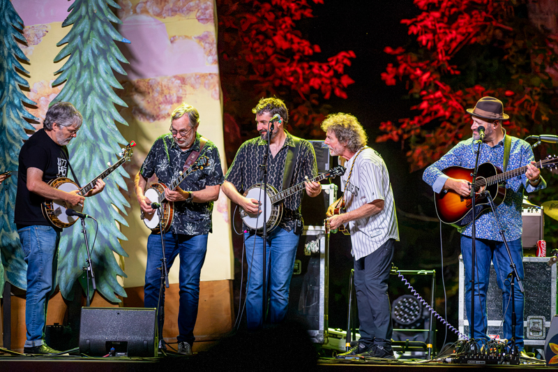 Triple banjos (Béla Fleck, Tony Trishka, and Wes Corbett) with the Sam Bush Band at RockyGrass 2026 - photo © Tom Dunning