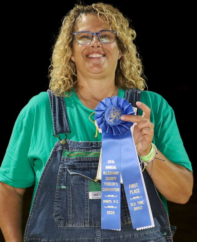 Trish Fore, 1st Place Old-time Banjo at the 2026 Alleghany County Fiddlers' Convention - photo © G. Nicholas Hancock