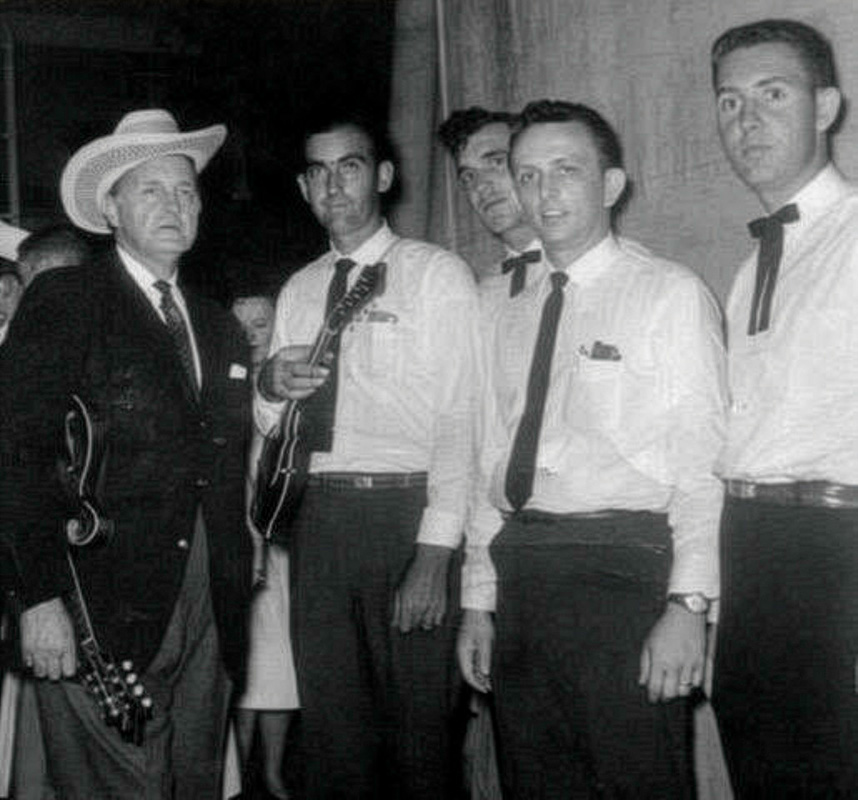 The Bluegrass Buddies with Big Mon at the New Dominion Bran Dance, Richmond, VA in 19672: Bill Monroe, Doug Emerson, Bobby Atkins, Ryland Hawker, Allen Mills
