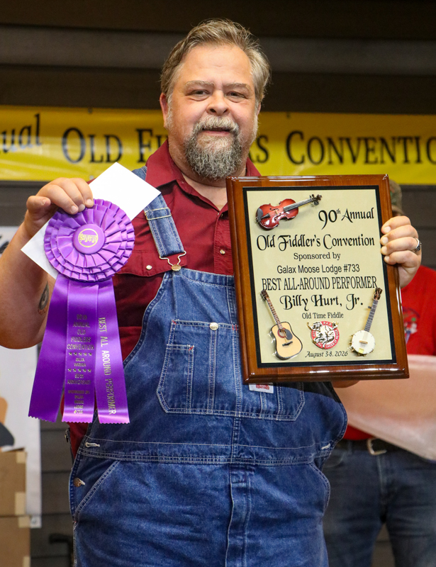 Billy Hurt, Jr., Best All-around Performer (Old-time Fiddle) at the 2026 Old Fiddlers’ Convention – photo © G Nicholas Hancock