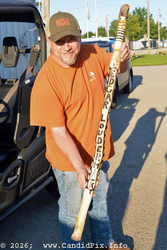 Edgar Loudermilk with his new walking stick at the 2026 Brown County Bluegrass Festival - photo © Bill Warren