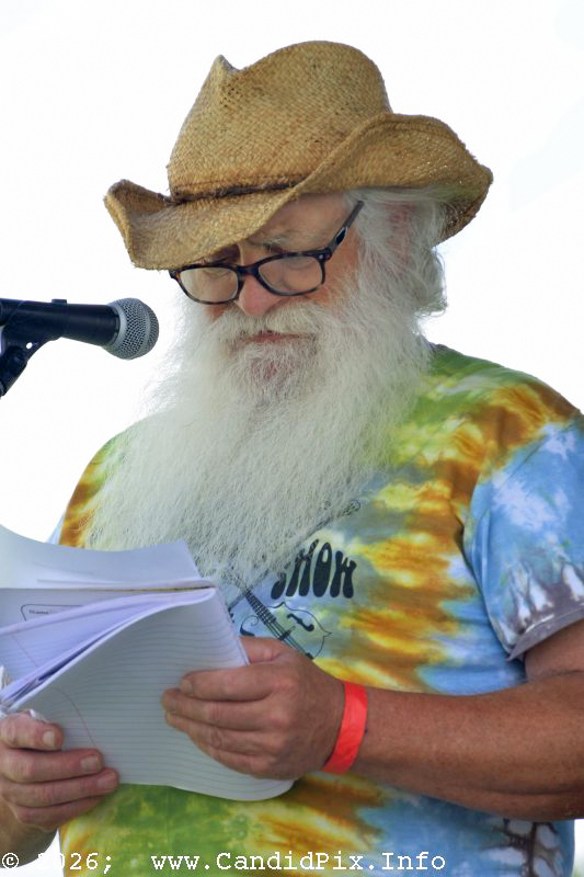 MC Jerry Eicher, the Ol' Hippie, at the 2026 Brown County Bluegrass Festival - photo © Bill Warren