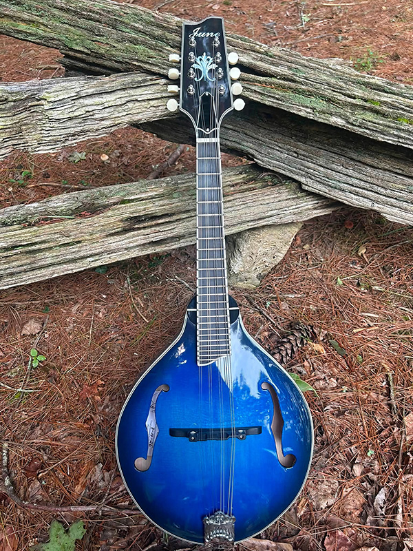 Milom Williams' custom blue left-handed June A-style mandolin