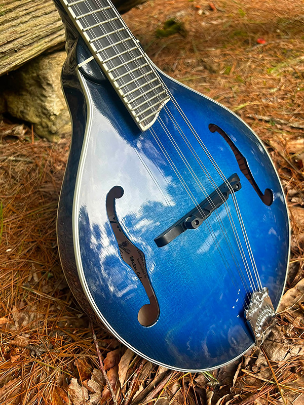 Milom Williams' custom blue left-handed June A-style mandolin