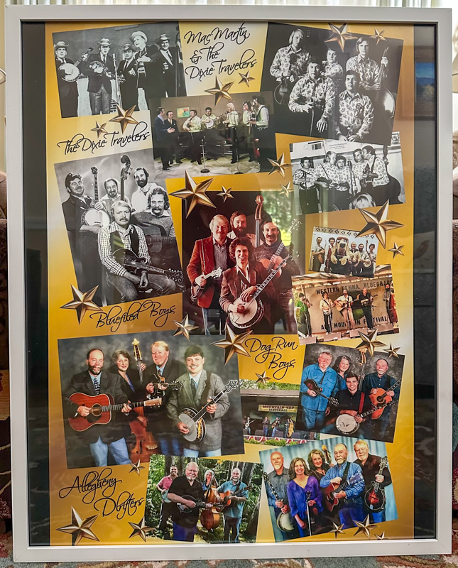Photo collage of most of the bands of Bob’s 60 years performing from 1960 to 2020. The small color photo, near the top center, was The Dixie Travelers’ first appearance on Mr. Rogers Neighborhood in the early 70s at his 80th birthday celebration (7/26/26) - photo © Karen Artis