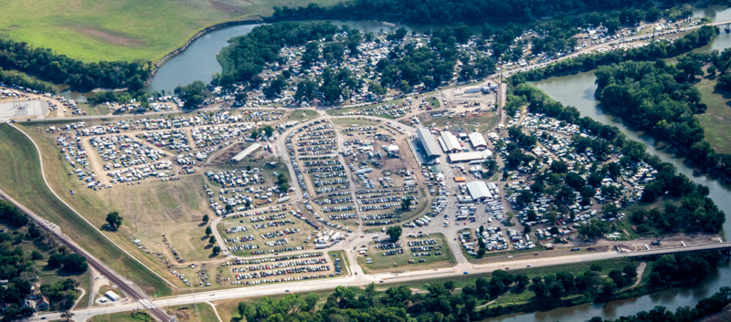 Cars and campers at the 2026 Walnut Valley Festival - aerial photo by Keith Davis