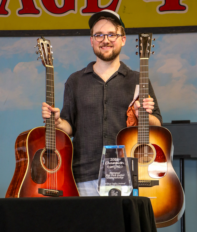 Dillon Hodges, 1st place winner in the National Flat Pick Guitar competition at the 2026 Walnut Valley Festival - photo © G. Nicholas Hancock