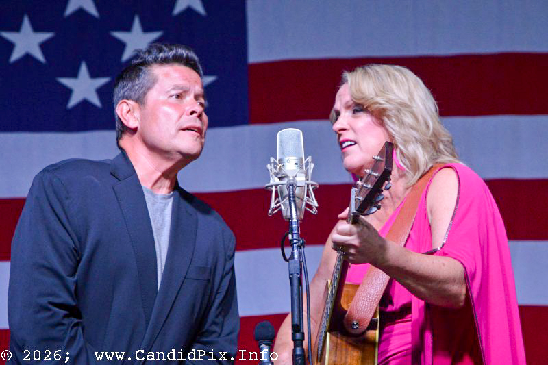 Jamie Johnson joins Rhonda Vincent for a duet at the 2026 Nothin' Fancy Bluegrass Festival - photo © Bill Warren