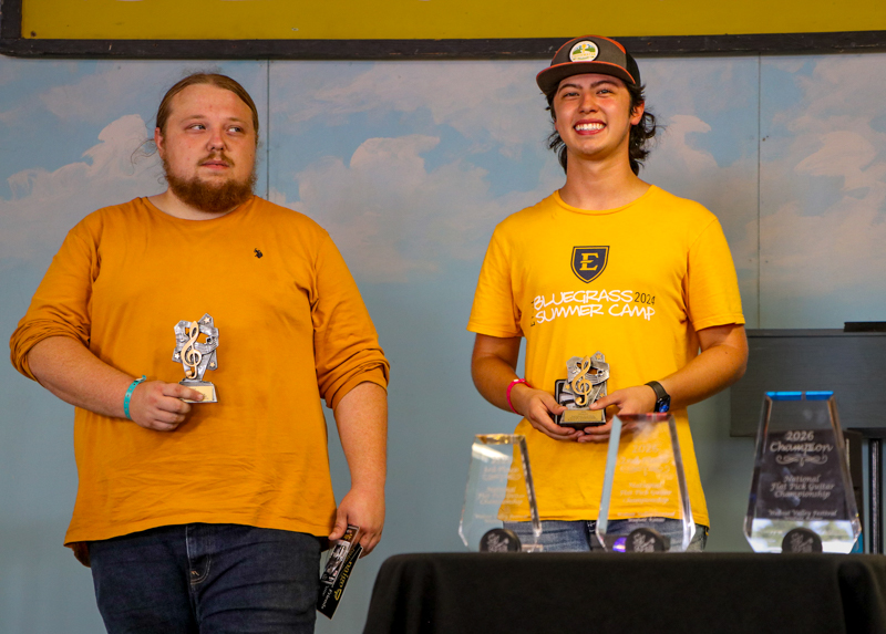 Jakob Thomas and JonPaul Sepulveda, finalists in the National Flat Pick Guitar competition at the 2026 Walnut Valley Festival - photo © G. Nicholas Hancock