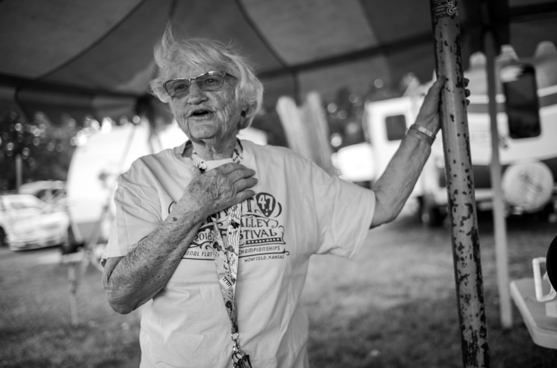 Shirley Booe, Pickin' Parlor campsite, 54th Annual Walnut Valley Festival, Tuesday, September 16th, 2026. Winfield, Kansas. Photo by Jeromie Stephens © 2026