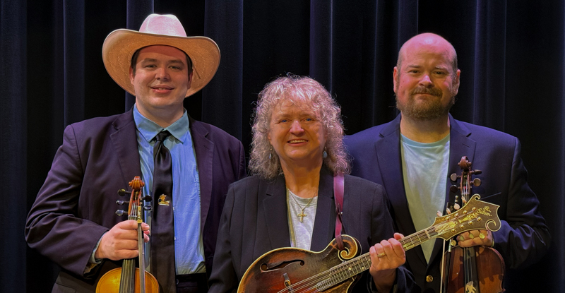 Lorraine Jordan with her two fiddlers, Adam Burrows and Matt Hooper at Zoograss 2026 - photo © Sandy Hatley