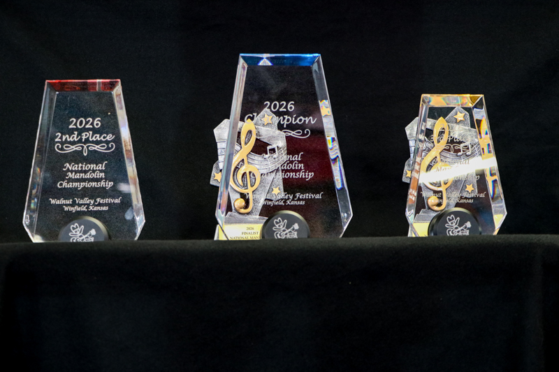 National Mandolin Championship trophies at the 2026 Walnut Valley Festival - photo © G. Nicholas Hancock