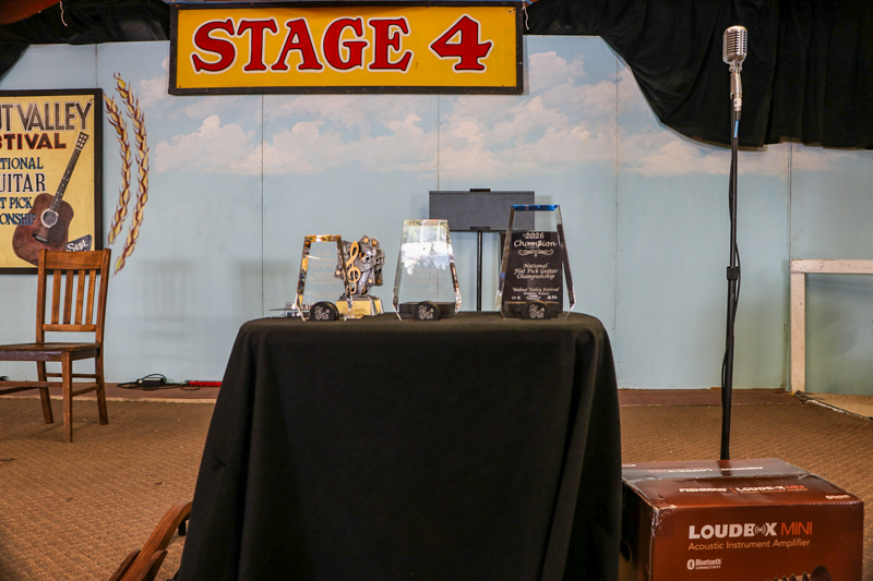 The National Flat Pick Guitar trophies at the 2026 Walnut Valley Festival - photo © G. Nicholas Hancock