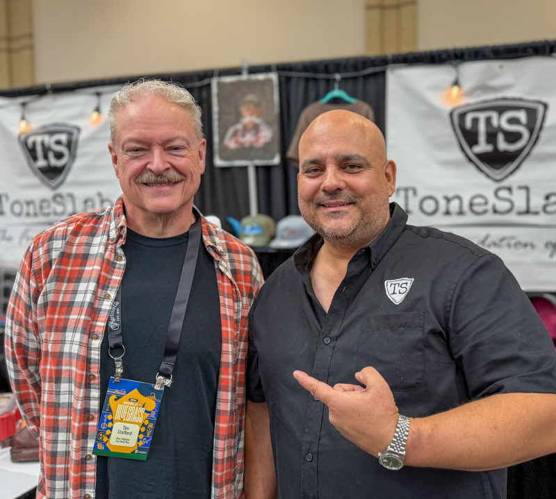 Tim Stafford and Frank Solivan in the ToneSlabs booth at the World of Bluegrass Exhibit Hall - photo © Elizabeth Loring