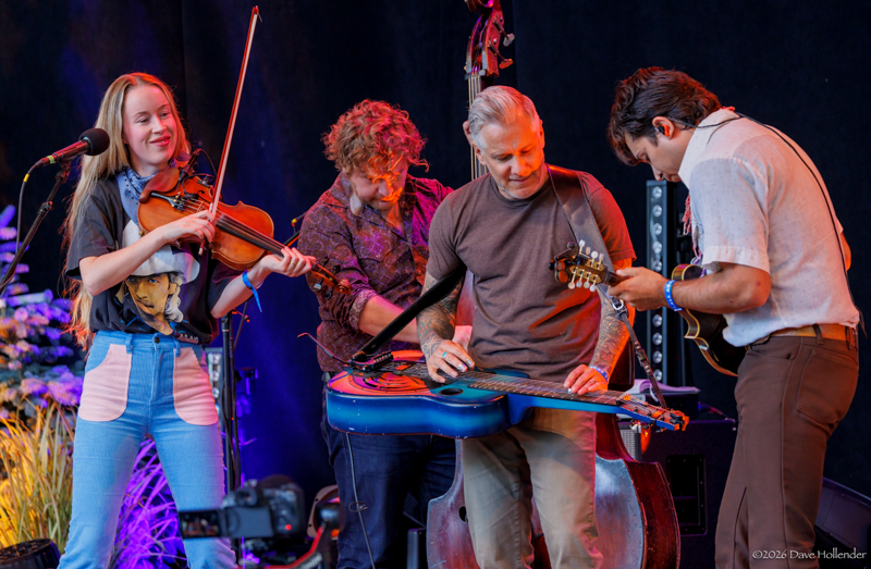 Andy Hall sits in with Bronwyn at Pickin' in the Pines '26 - photo © Dave Hollender