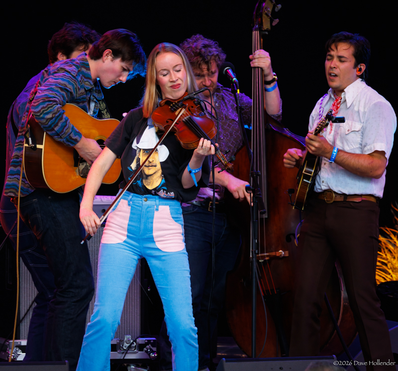 Grant Dresnok, Bronwyn, Larry Cook, and Tristan Scroggins at Pickin' in the Pines '26 - photo © Dave Hollender