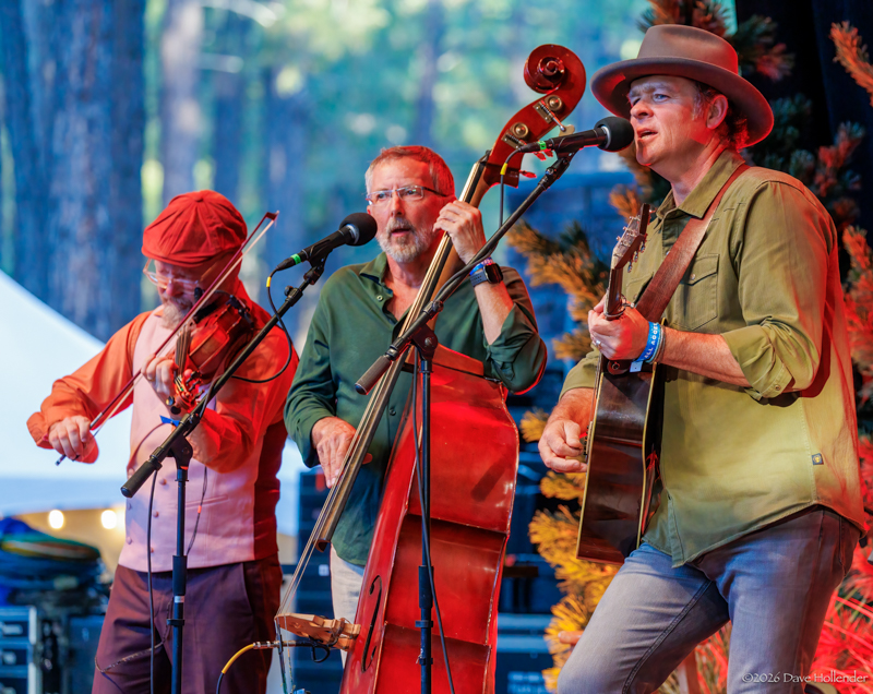 Casey Driessen, Buddy Melton, and Woody Platt at Pickin' in the Pines '26 - photo © Dave Hollender