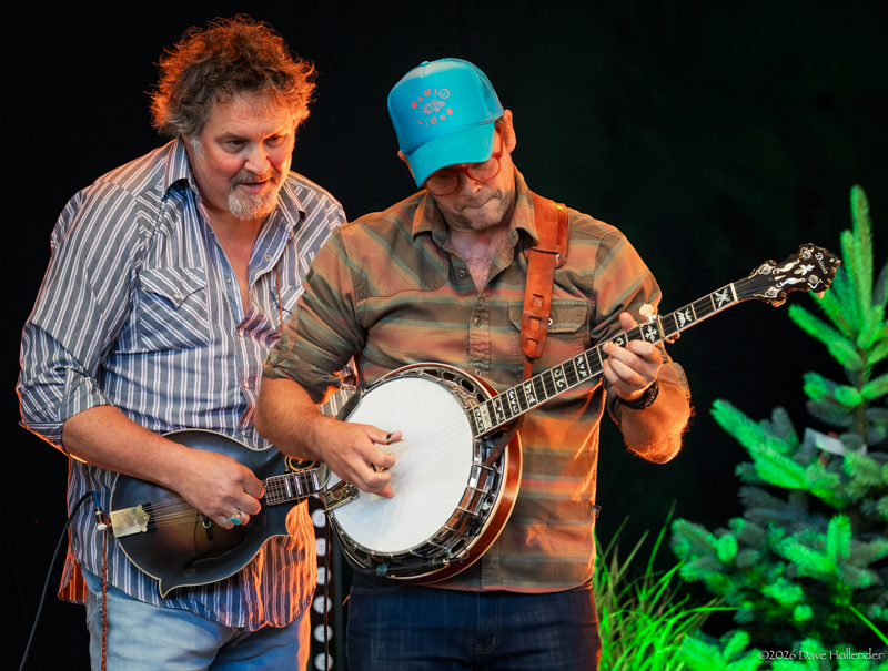Darren Schumaker and Bennett Sullivan with Woody Platt at Pickin' in the Pines '26 - photo © Dave Hollender