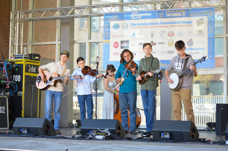 Kids on Bluegrass band performs at Pickin' in the Park '26 - photo © Roger Black