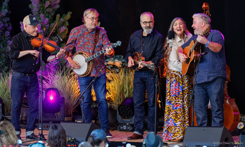 Greg Sparz, Tony Trischka, Jon Reischman, Trisha Gagnon, and Patrick Sauber at Pickin' in the Pines '26 - photo © Dave Hollender