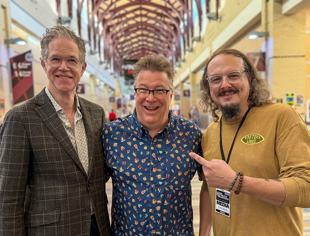 Half the fun at World of Bluegrass is spotting people in the spacious main hallway. I happened across a confluence of three SiriusXM Bluegrass Junction personalities: Chris Jones, Ned Luberecki, and Joey Black - photo © Elizabeth Loring