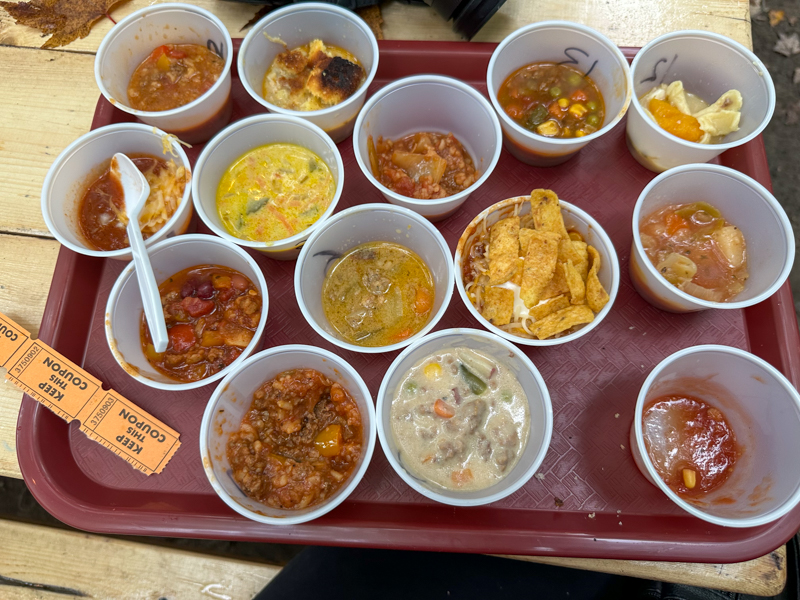 Samples of the soups and chili on offer at the 2026 Fay Fest - photo © Bill Warren
