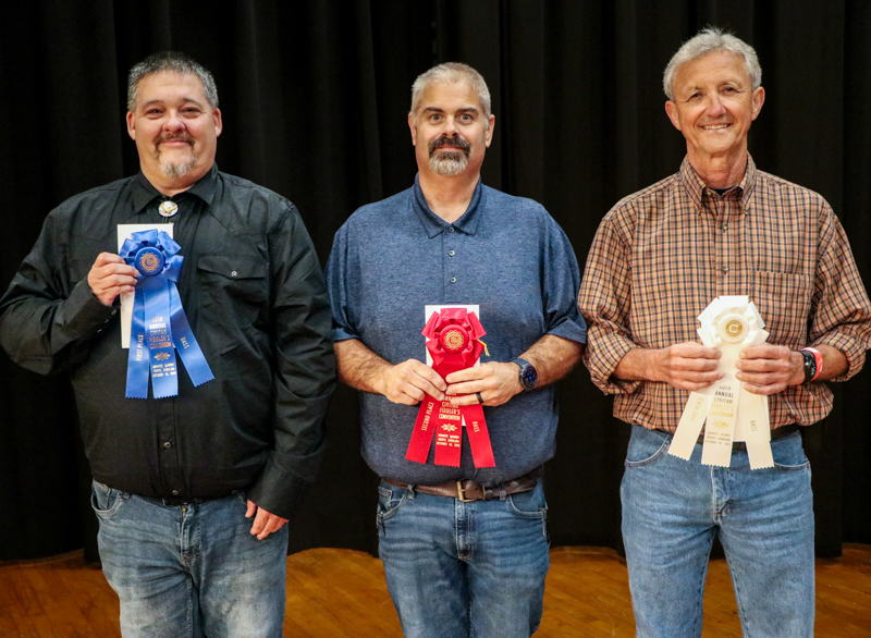 John Fogleman, 1st place; Jeremy Nash, 2nd place; David Brown, 3rd place Bass Fiddle at the 2026 Granite Quarry Fiddlers' Convention - photo © G. Nicholas Hancock