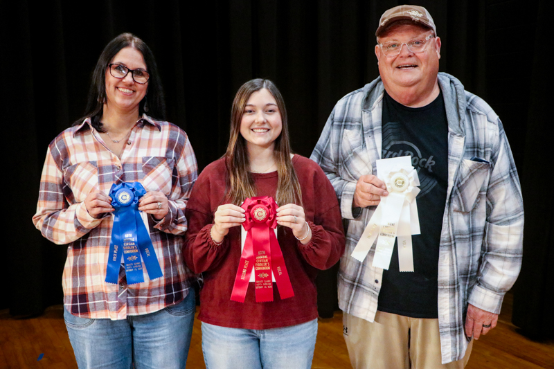 Kyna Gunter, 1st place; Payten Williams, 2nd place; Danny Bowers, 3rd place Adult Vocal at the 2026 Granite Quarry Fiddlers' Convention - photo © G. Nicholas Hancock