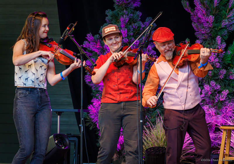 Triple fiddles from Maddie Denton, Kimber Ludiker, and Casey Driessen at Pickin' in the Pines '26 - photo © Dave Hollender
