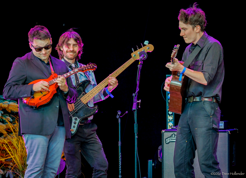 Jack Dunlap, Aaron Smith, and Mason Via at Pickin' in the Pines '26 - photo © Dave Hollender