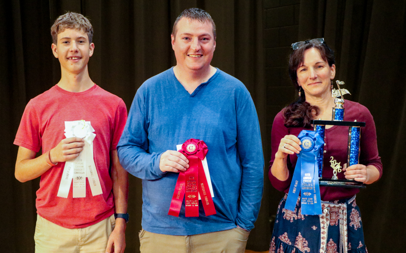 Orson Cornett, 3rd place; Marty Absher, 2nd place; Carrie Webster, 1st place Bluegrass Fiddle at the 2026 Granite Quarry Fiddlers' Convention - photo © G. Nicholas Hancock
