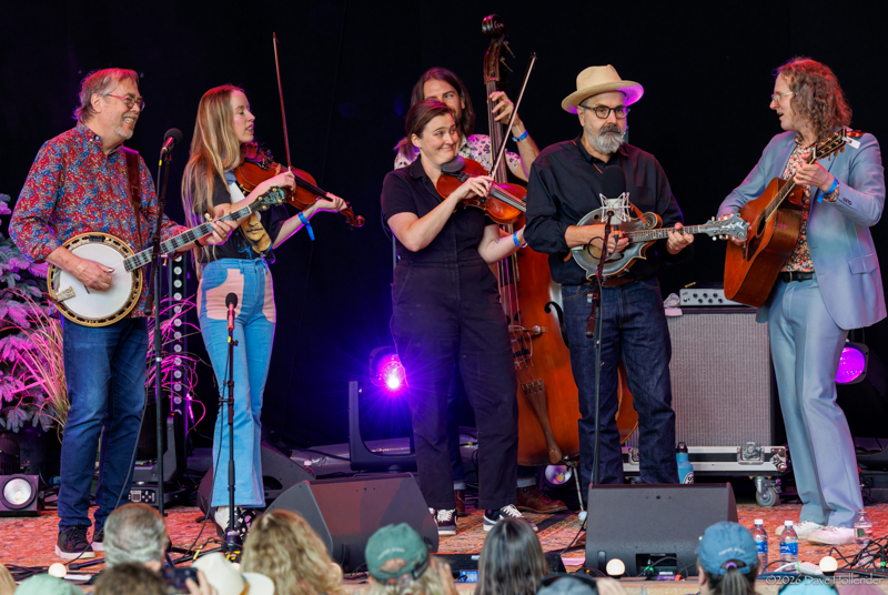 Tony Trischka, Bronwyn Keith-Hynes, Kimber Ludiker, Eric Alvar, Jon Reischman, and Michael Daves at Pickin' in the Pines '26 - photo © Dave Hollender