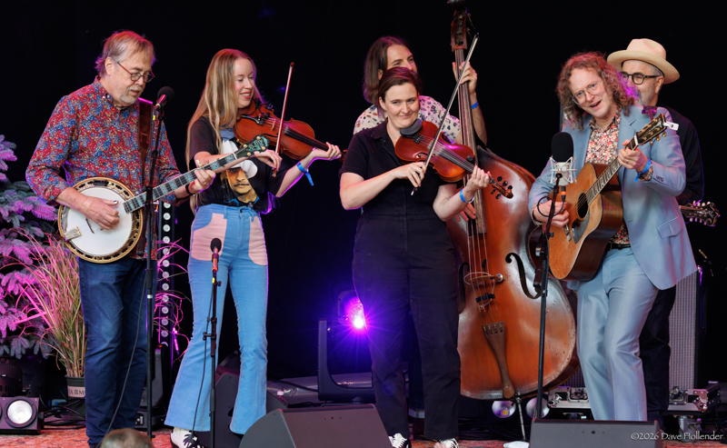 Tony Trischka, Bronwyn Keith-Hynes, Kimber Ludiker, Eric Alvar, Jon Reischman, and Michael Daves at Pickin' in the Pines '26 - photo © Dave Hollender