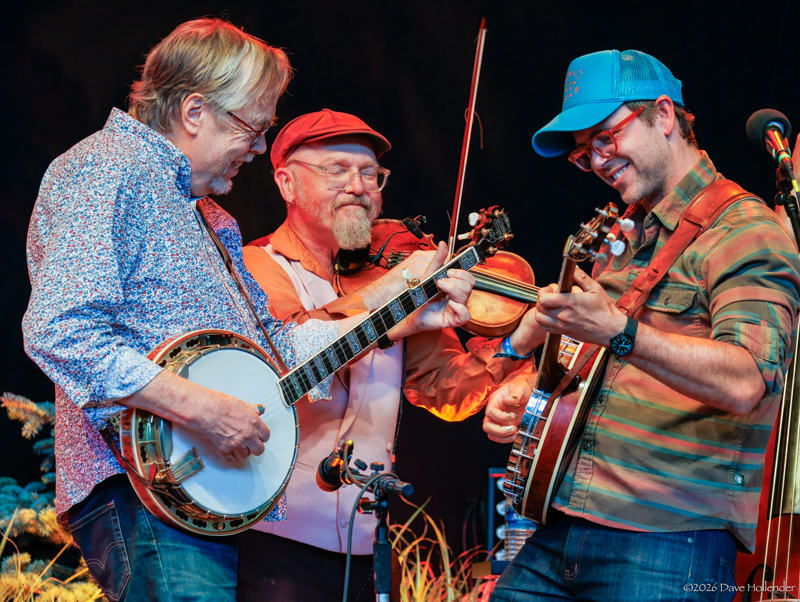 Tony Trischka, Casey Driessen, and Bennett Sullivan at Pickin' in the Pines '26 - photo © Dave Hollender