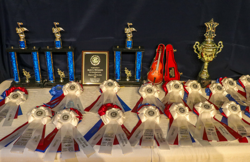 Trophies and ribbons at the 2026 Granite Quarry Fiddlers' Convention - photo © G. Nicholas Hancock